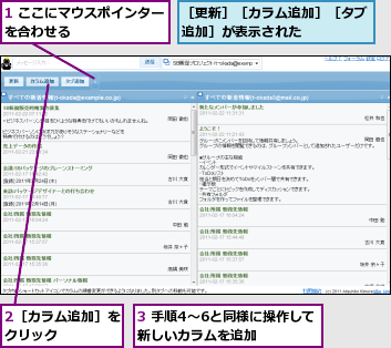 1 ここにマウスポインターを合わせる        ,2［カラム追加］をクリック    ,3 手順4〜6と同様に操作して新しいカラムを追加    ,［更新］［カラム追加］［タブ追加］が表示された    