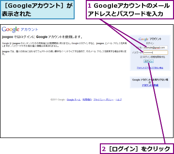 1 Googleアカウントのメールアドレスとパスワードを入力,2［ログイン］をクリック,［Googleアカウント］が表示された  