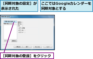 ここではGoogleカレンダーを同期対象とする  ,［同期対象の登録］をクリック,［同期対象の設定］が表示された    