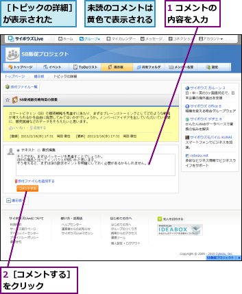 1 コメントの内容を入力　　,2［コメントする］をクリック　　　　,未読のコメントは黄色で表示される,［トピックの詳細］が表示された　　