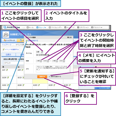 1 ここをクリックしてイベントの項目を選択,2 イベントのタイトルを入力          ,3 ここをクリックしてイベントの開始時 刻と終了時刻を選択,4［メモ］にイベントの概要を入力    ,5［更新を通知する］にチェックが付いて いることを確認,6［登録する］をクリック    ,［イベントの登録］が表示された,［詳細を設定する］をクリックすると、長期にわたるイベントや繰り返しのイベントを登録したり、コメントを書き込んだりできる