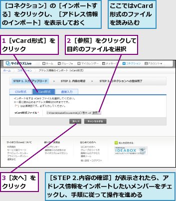 1［vCard形式］をクリック,2［参照］をクリックして目的のファイルを選択  ,3［次へ］をクリック  ,ここではvCard形式のファイルを読み込む,［STEP 2.内容の確認］が表示されたら、アドレス情報をインポートしたいメンバーをチェックし、手順に従って操作を進める,［コネクション］の［インポートする］をクリックし、［アドレス情報のインポート］を表示しておく