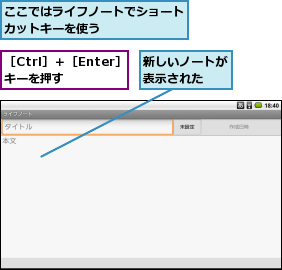 ここではライフノートでショートカットキーを使う      ,新しいノートが表示された  ,［Ctrl］＋［Enter］キーを押す  