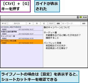 ガイドが表示された  ,ライフノートの場合は［設定］を表示すると、ショートカットキーを確認できる      ,［Ctrl］＋［G］キーを押す